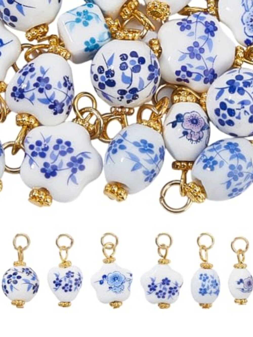 24Pcs Ceramic Blue Flower Charms 8 Style Floral Porcelain Pendants Handmade